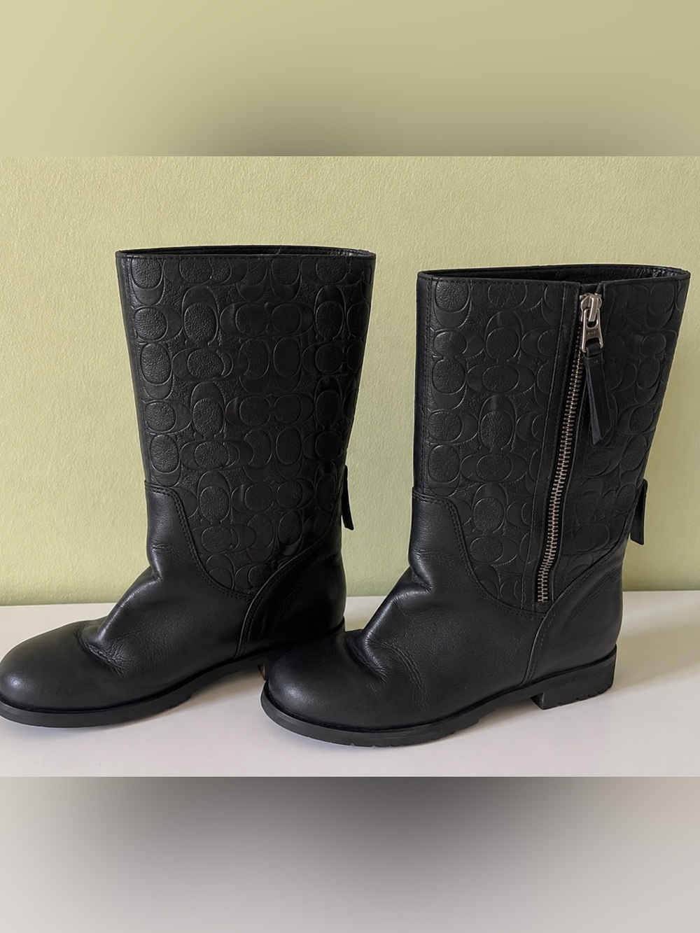 Coach Valentine Mid Calf Boots Black Signature Embossed Leather Zip Riding Boots